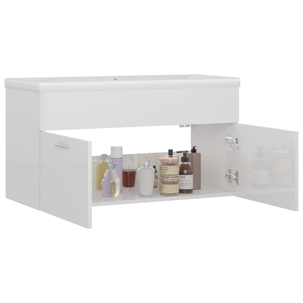 Sink Cabinet with Built-in Basin High Gloss White Engineered Wood