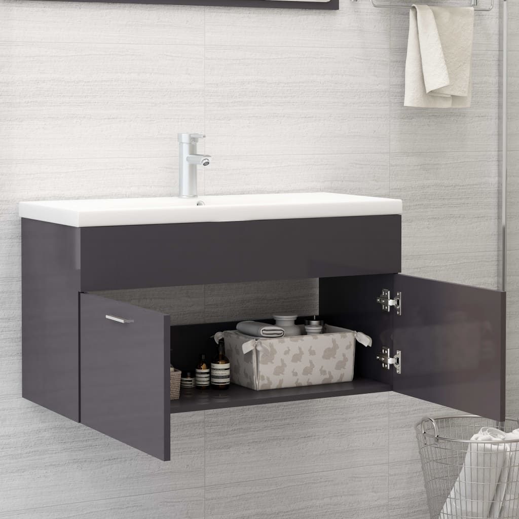 Sink Cabinet with Built-in Basin High Gloss Grey Engineered Wood