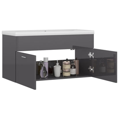 Sink Cabinet with Built-in Basin High Gloss Grey Engineered Wood