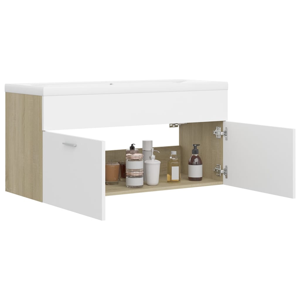 Sink Cabinet with Built-in Basin White and Sonoma Oak Engineered Wood