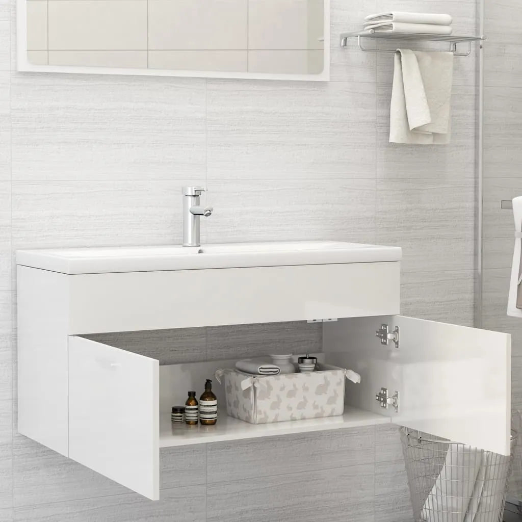 Sink Cabinet with Built-in Basin High Gloss White Engineered Wood