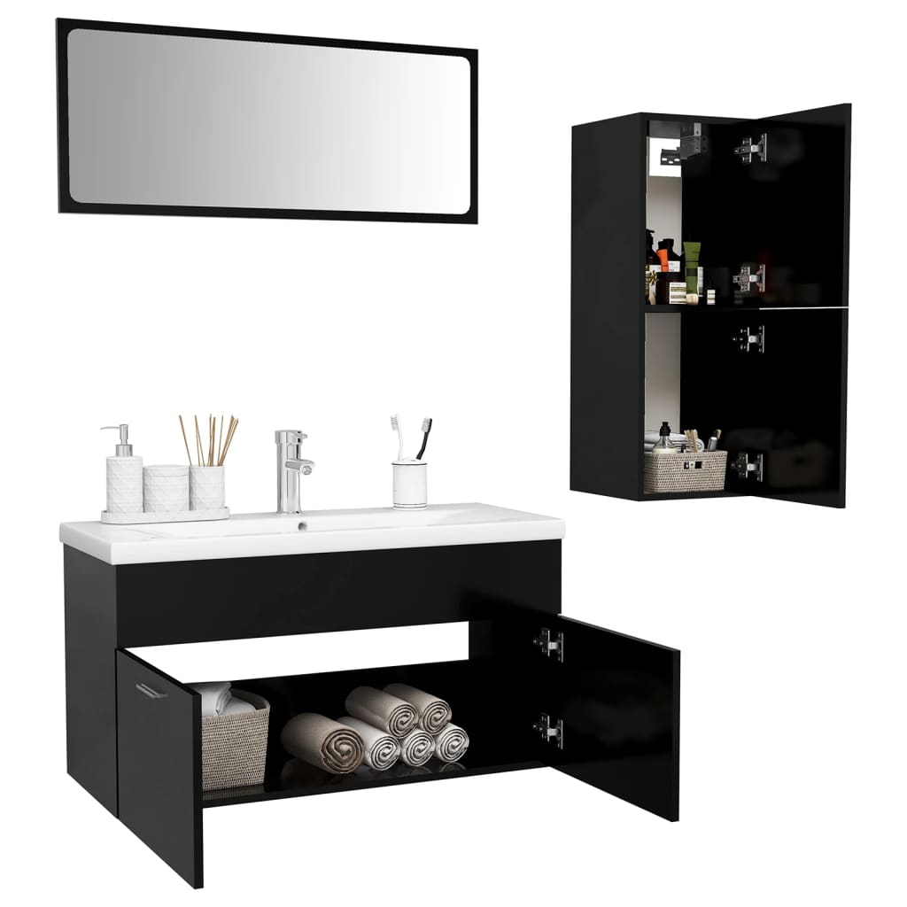 Bathroom Furniture Set Black Engineered Wood