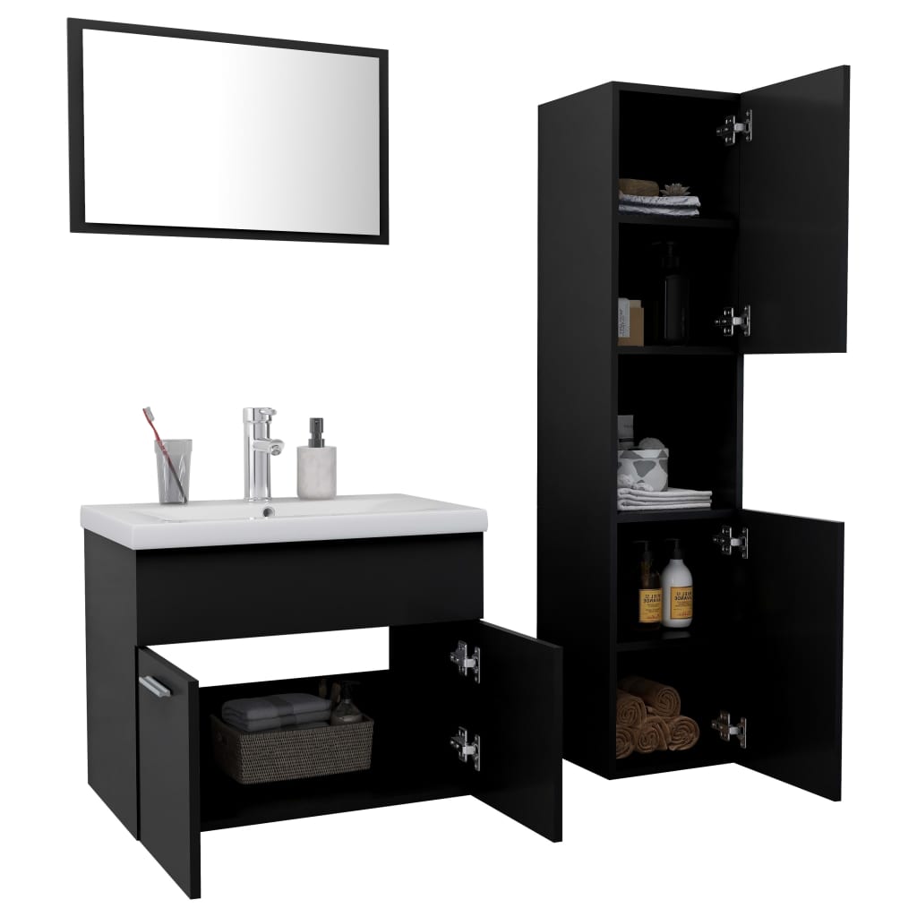 Bathroom Furniture Set Black Engineered Wood