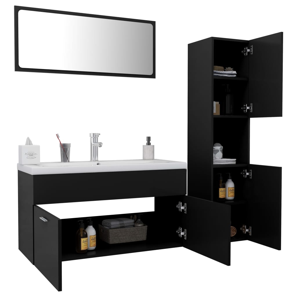 Bathroom Furniture Set Black Engineered Wood