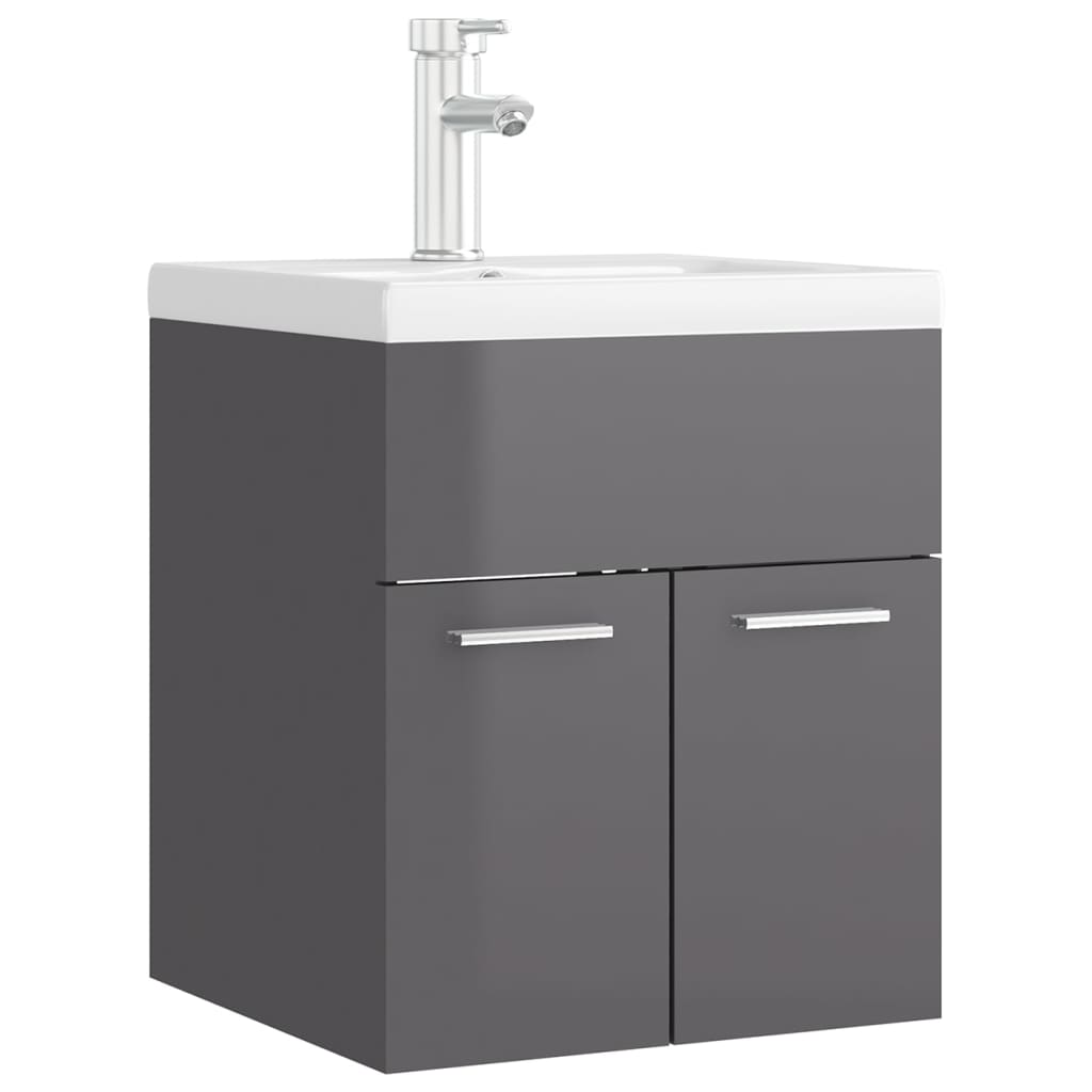 Sink Cabinet with Built-in Basin High Gloss Grey Engineered Wood