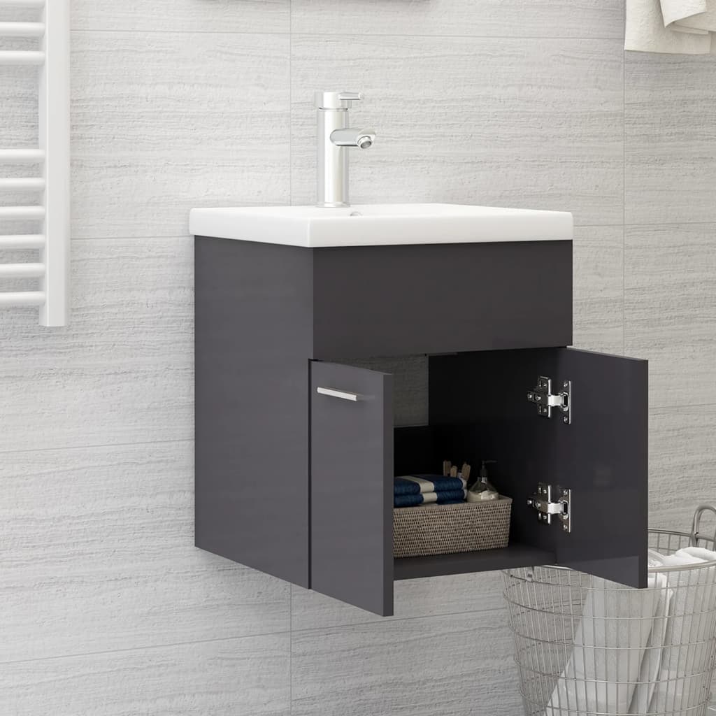 Sink Cabinet with Built-in Basin High Gloss Grey Engineered Wood