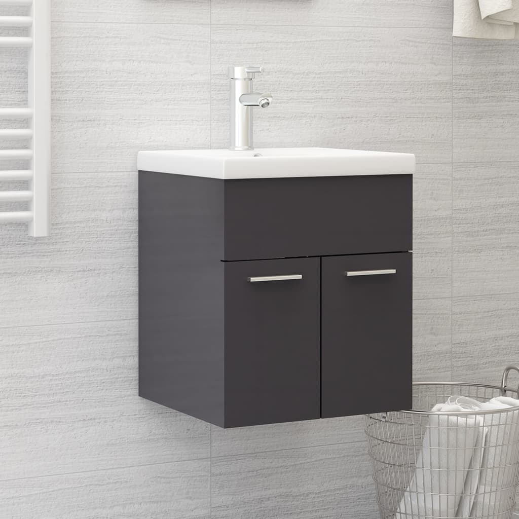 Sink Cabinet with Built-in Basin High Gloss Grey Engineered Wood