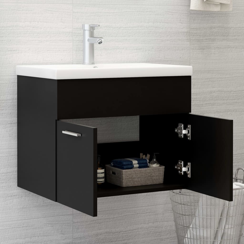 Sink Cabinet with Built-in Basin Black Engineered Wood