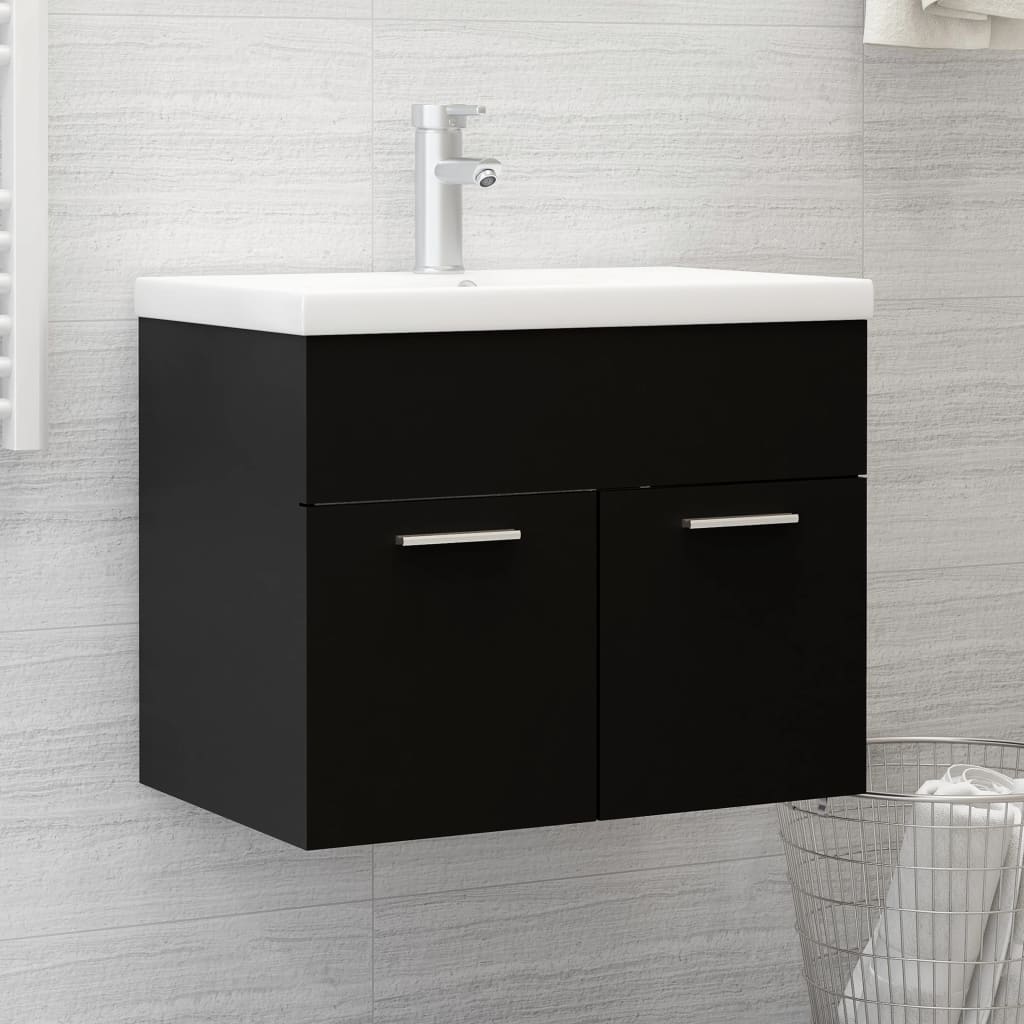 Sink Cabinet with Built-in Basin Black Engineered Wood