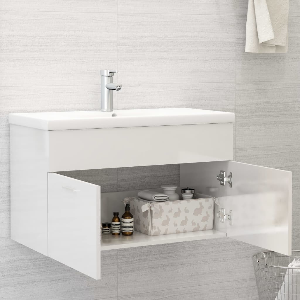 Sink Cabinet with Built-in Basin High Gloss White Engineered Wood