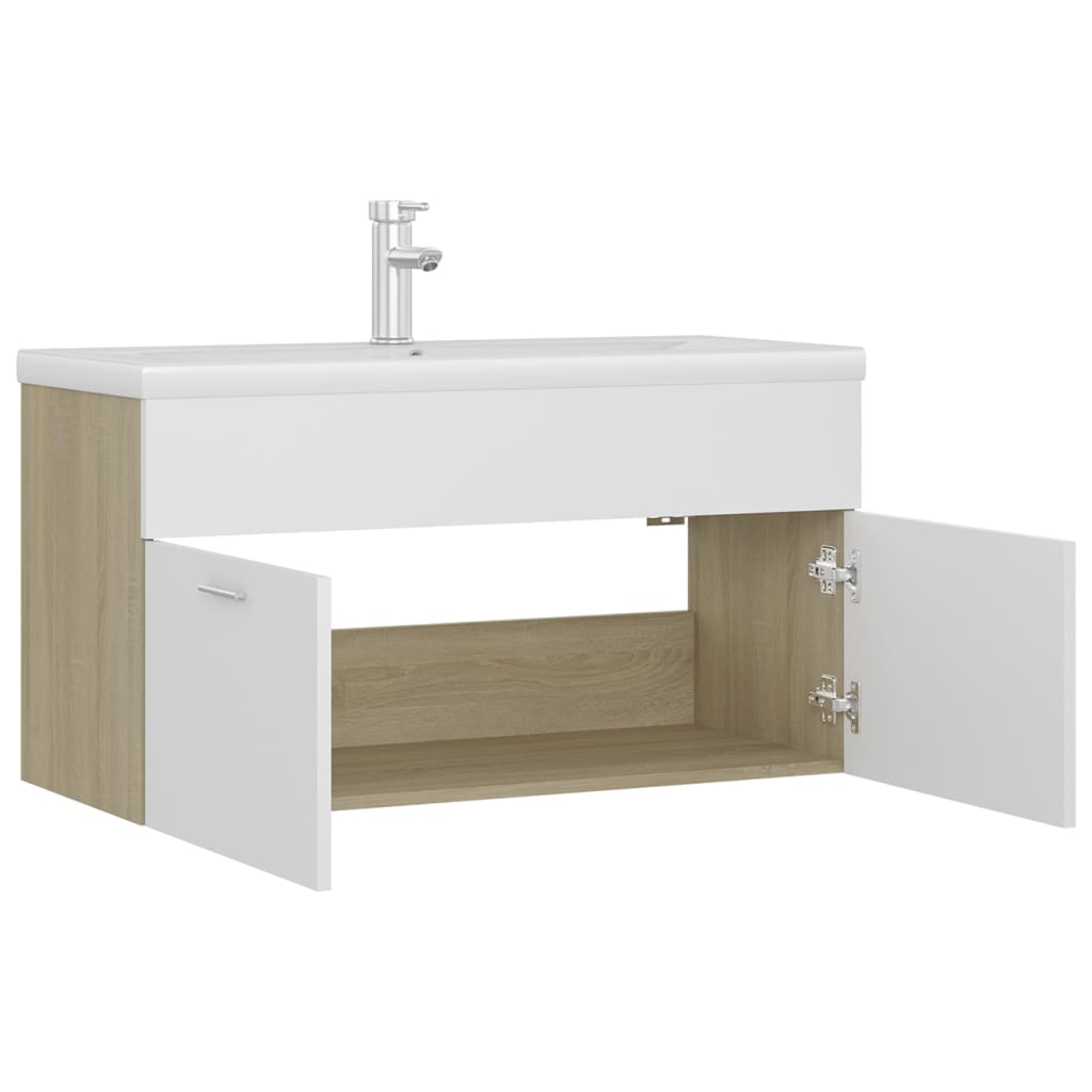 Sink Cabinet with Built-in Basin White and Sonoma Oak Engineered Wood