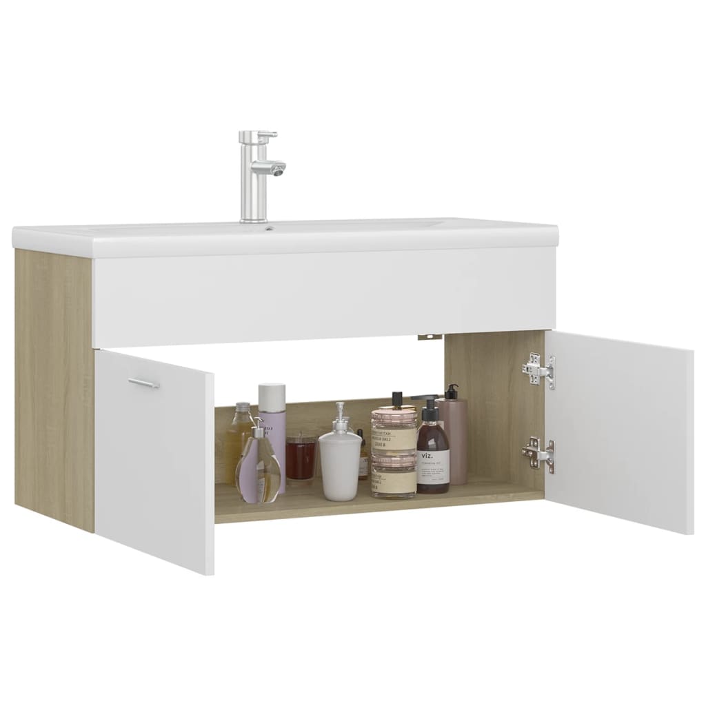 Sink Cabinet with Built-in Basin White and Sonoma Oak Engineered Wood