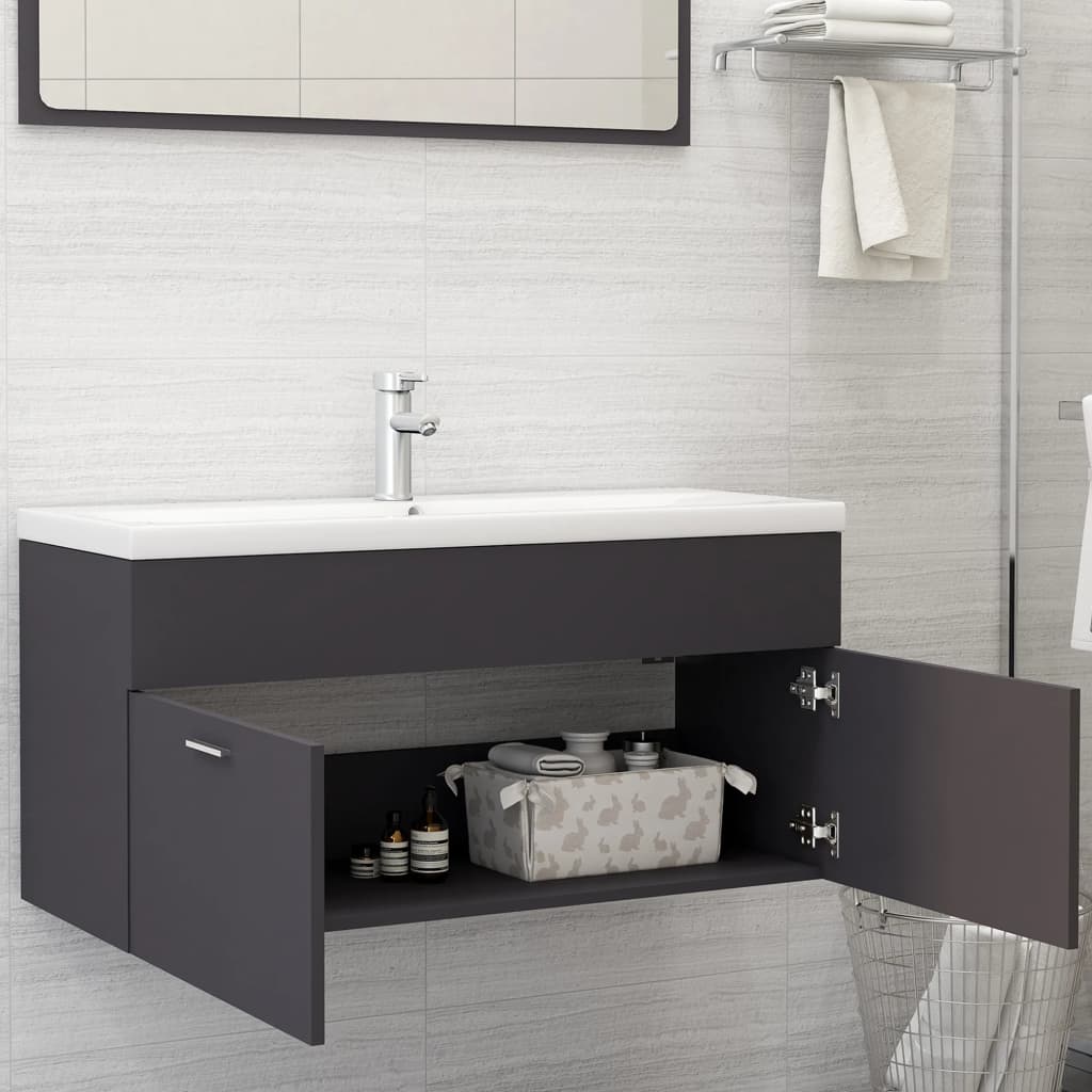 Sink Cabinet with Built-in Basin Grey Engineered Wood