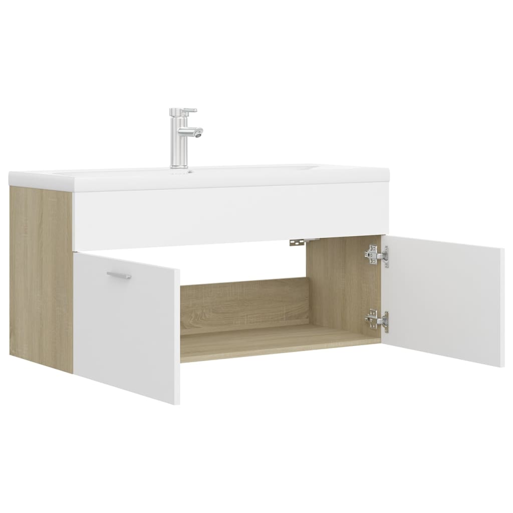 Sink Cabinet with Built-in Basin White and Sonoma Oak Engineered Wood