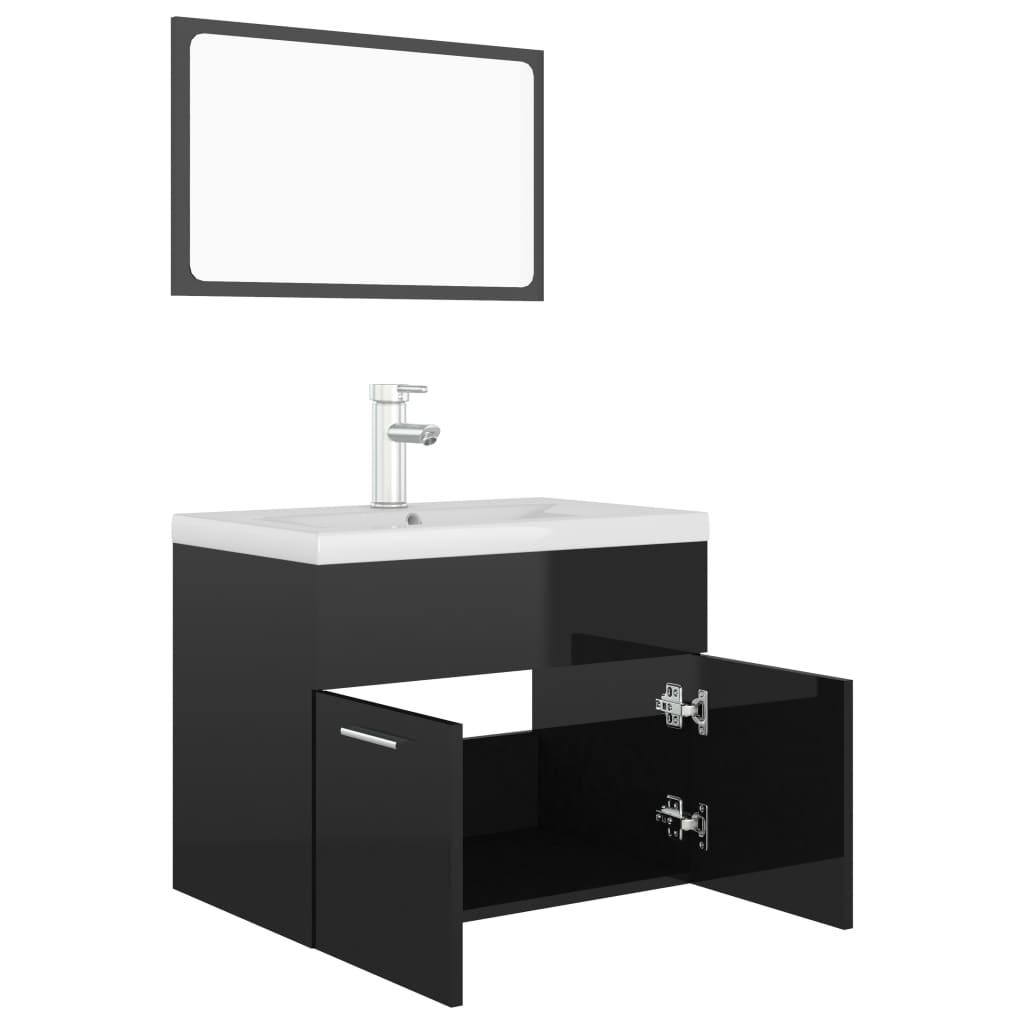 Bathroom Furniture Set High Gloss Black Engineered Wood