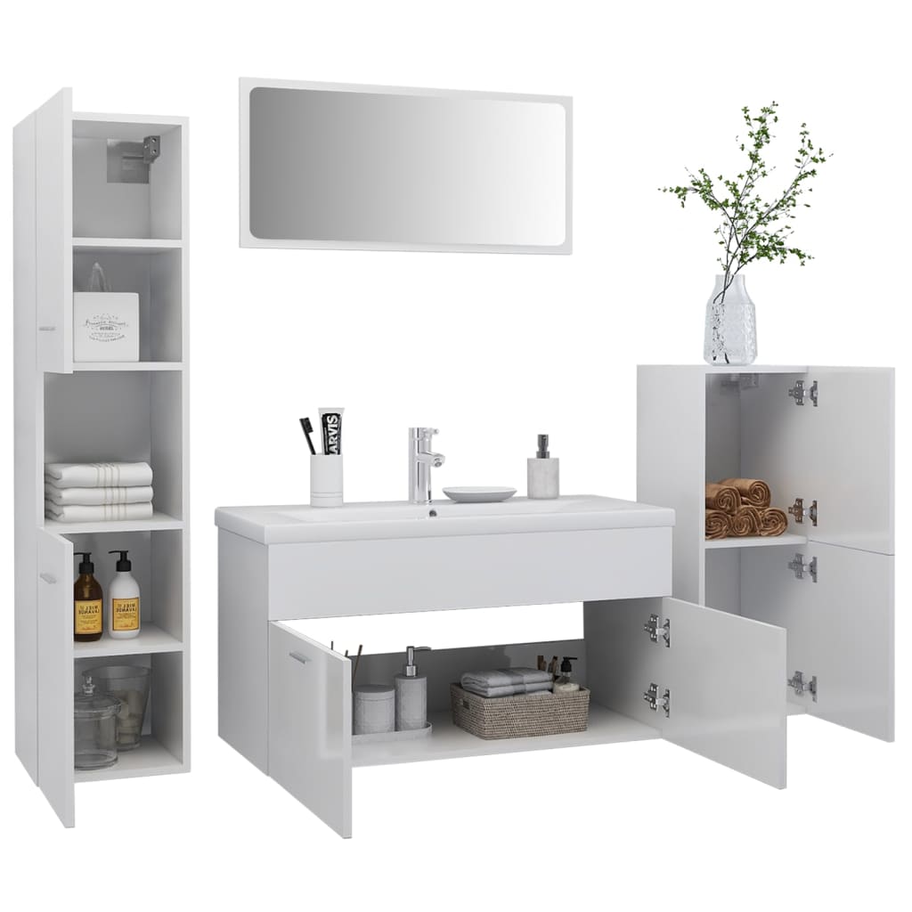 Bathroom Furniture Set High Gloss White Engineered Wood