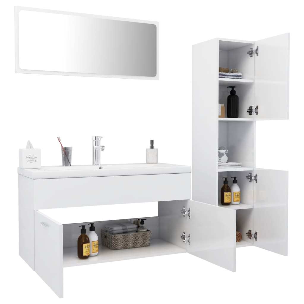 Bathroom Furniture Set High Gloss White Engineered Wood