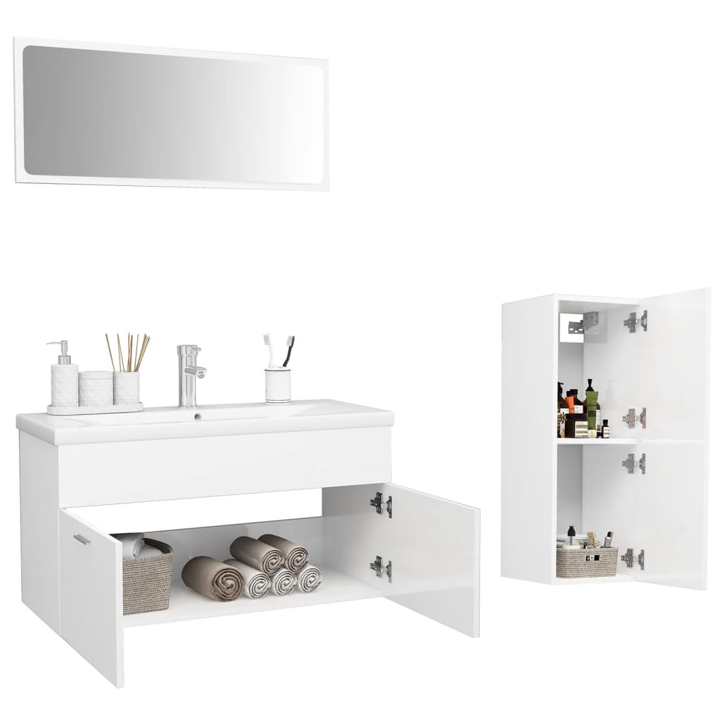 Bathroom Furniture Set High Gloss White Engineered Wood