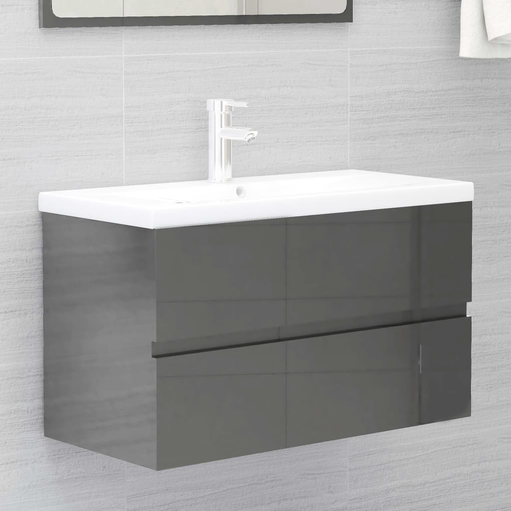 Bathroom Furniture Set High Gloss Grey Engineered Wood