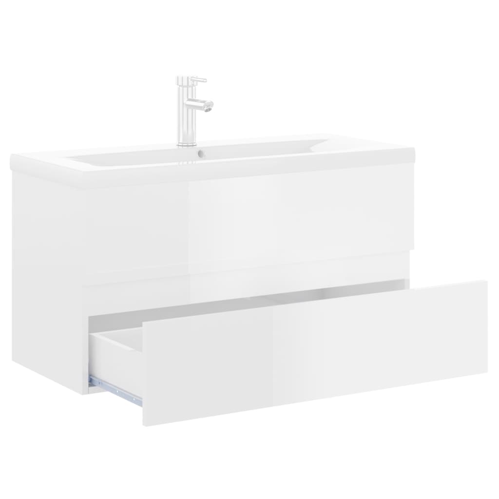 Sink Cabinet with Built-in Basin High Gloss White Engineered Wood