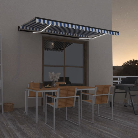 Manual Retractable Awning with LED 450x350 cm Blue and White