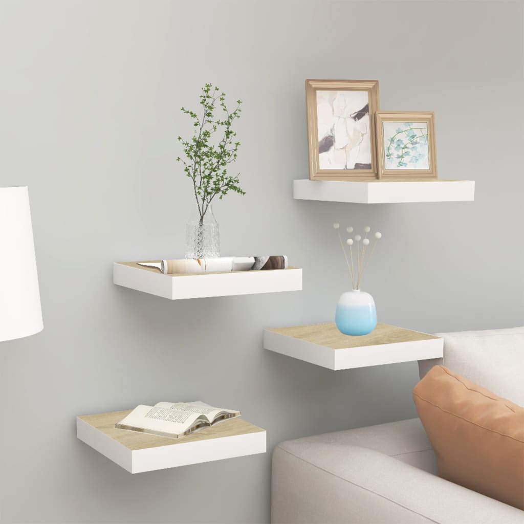 Floating Wall Shelves 4 pcs Oak and White 23x23.5x3.8 cm MDF