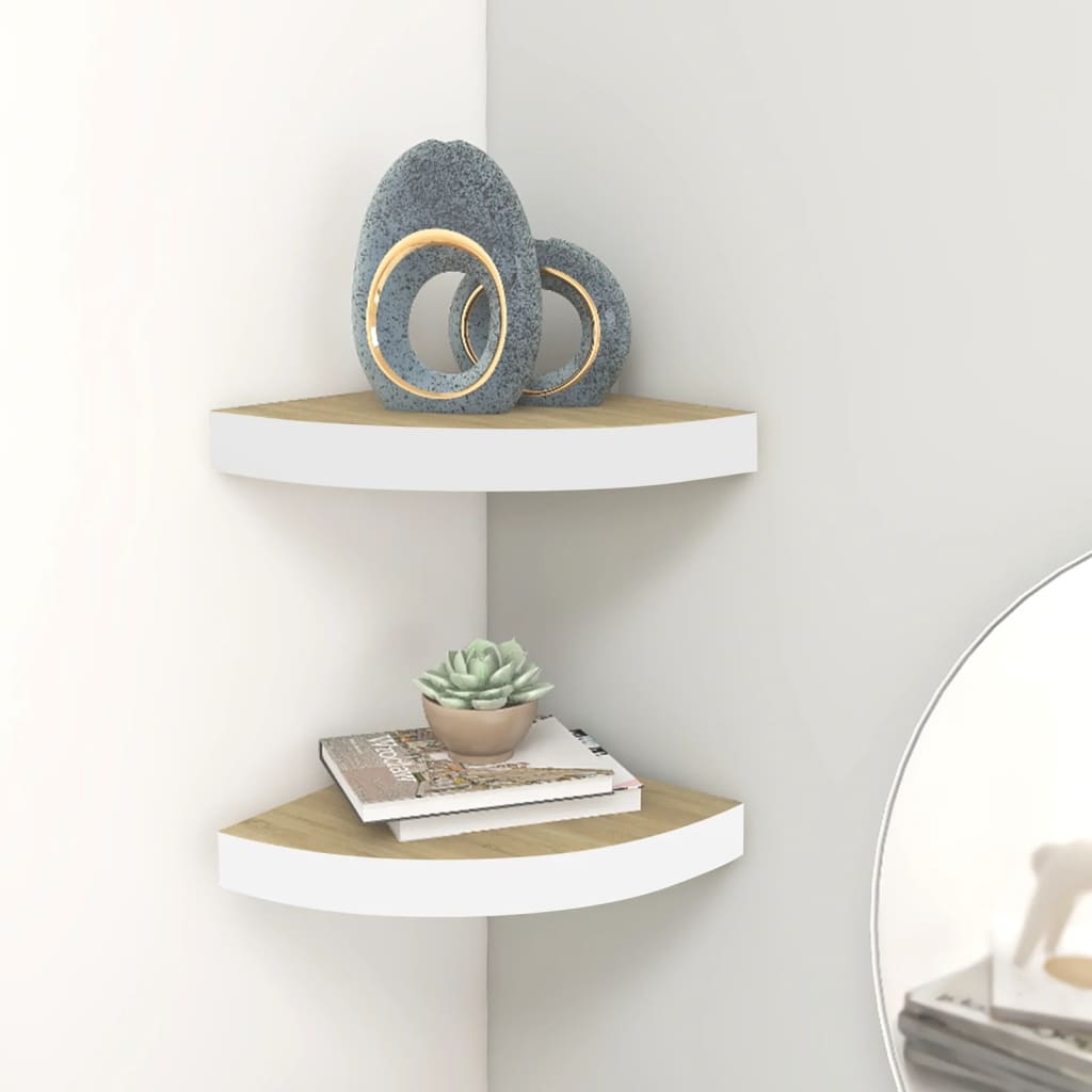 Wall Corner Shelves 2 pcs Oak and White 25x25x3.8 cm MDF