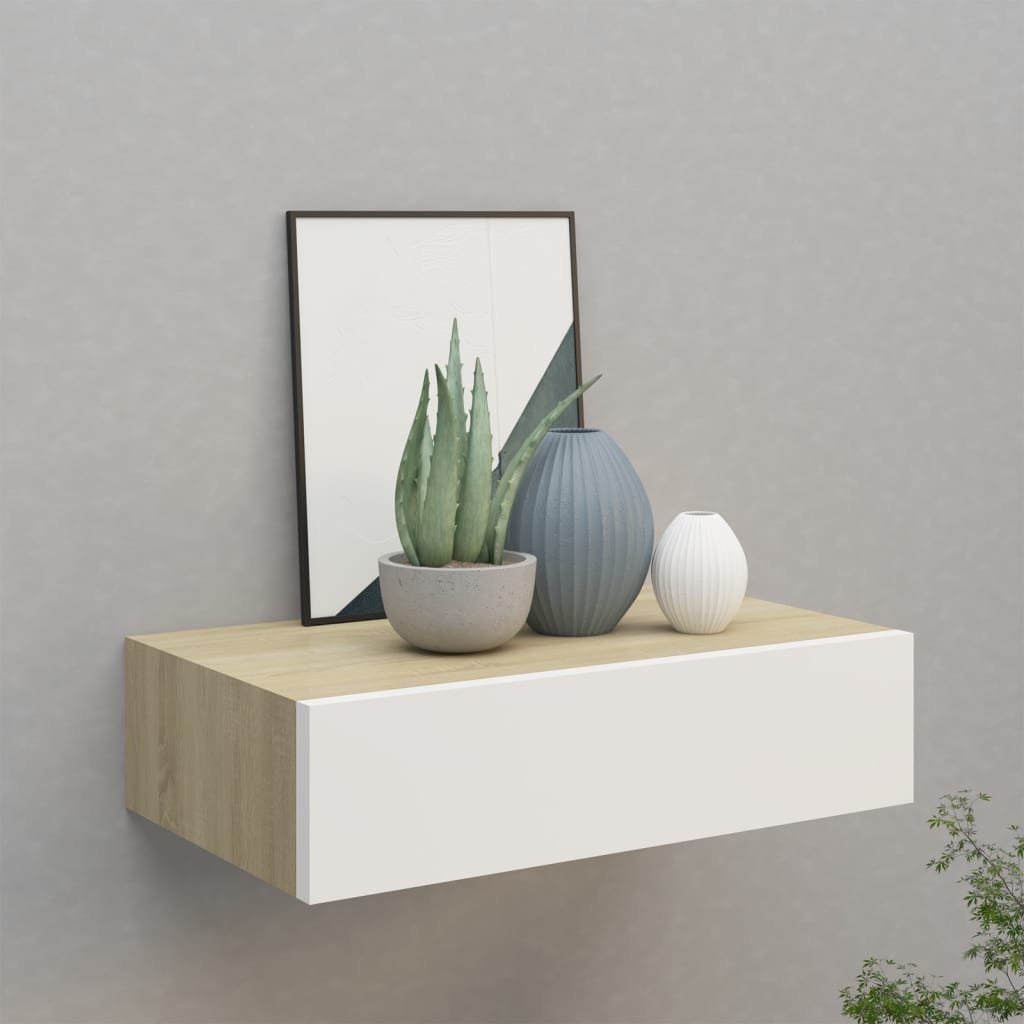 Wall-mounted Drawer Shelf Oak and White 40x23.5x10cm MDF