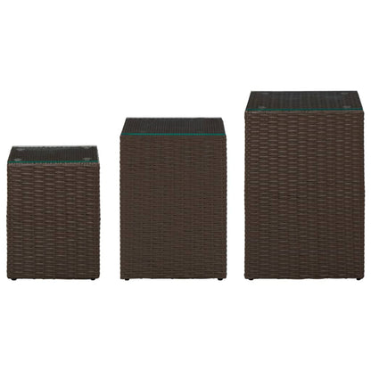 Side Tables 3 pcs with Glass Top Brown Poly Rattan