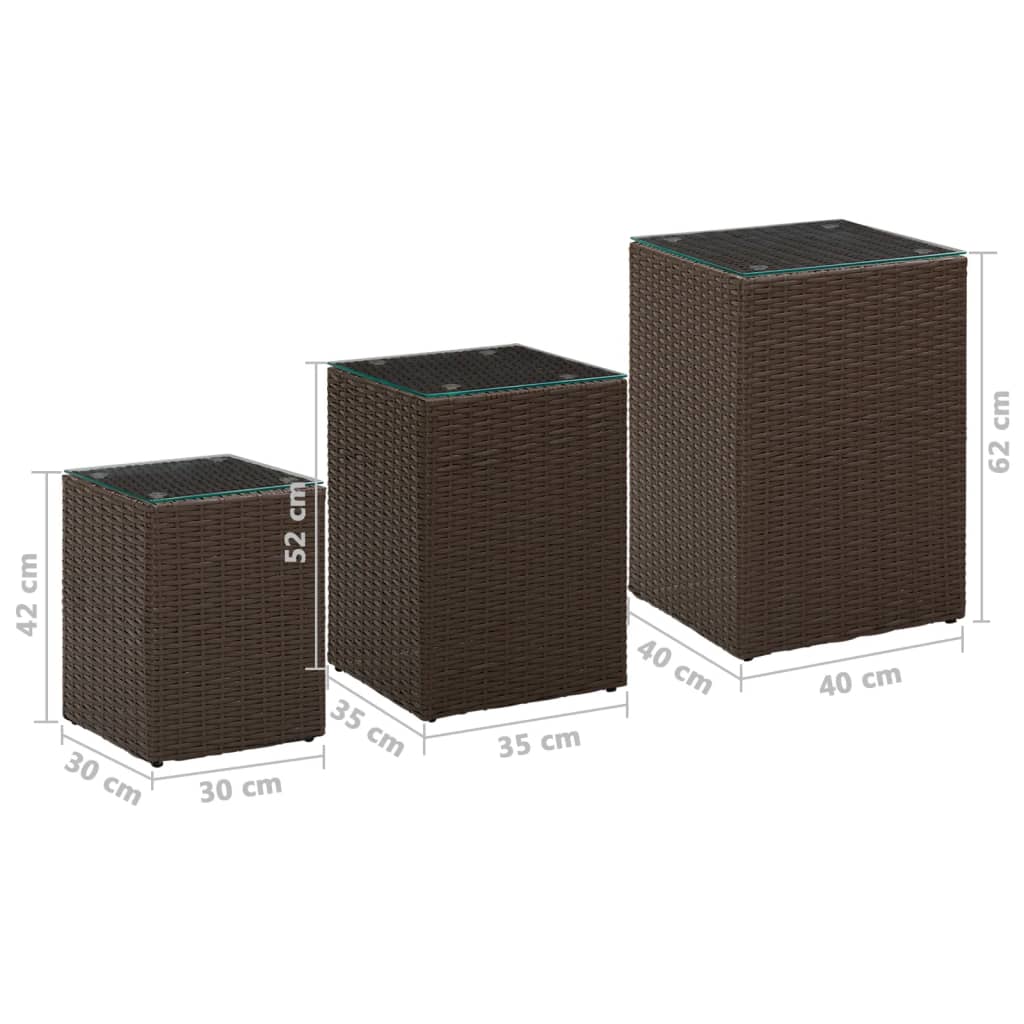 Side Tables 3 pcs with Glass Top Brown Poly Rattan