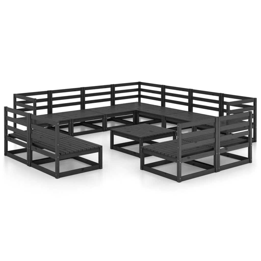 12 Piece Garden Lounge Set Black Solid Pinewood