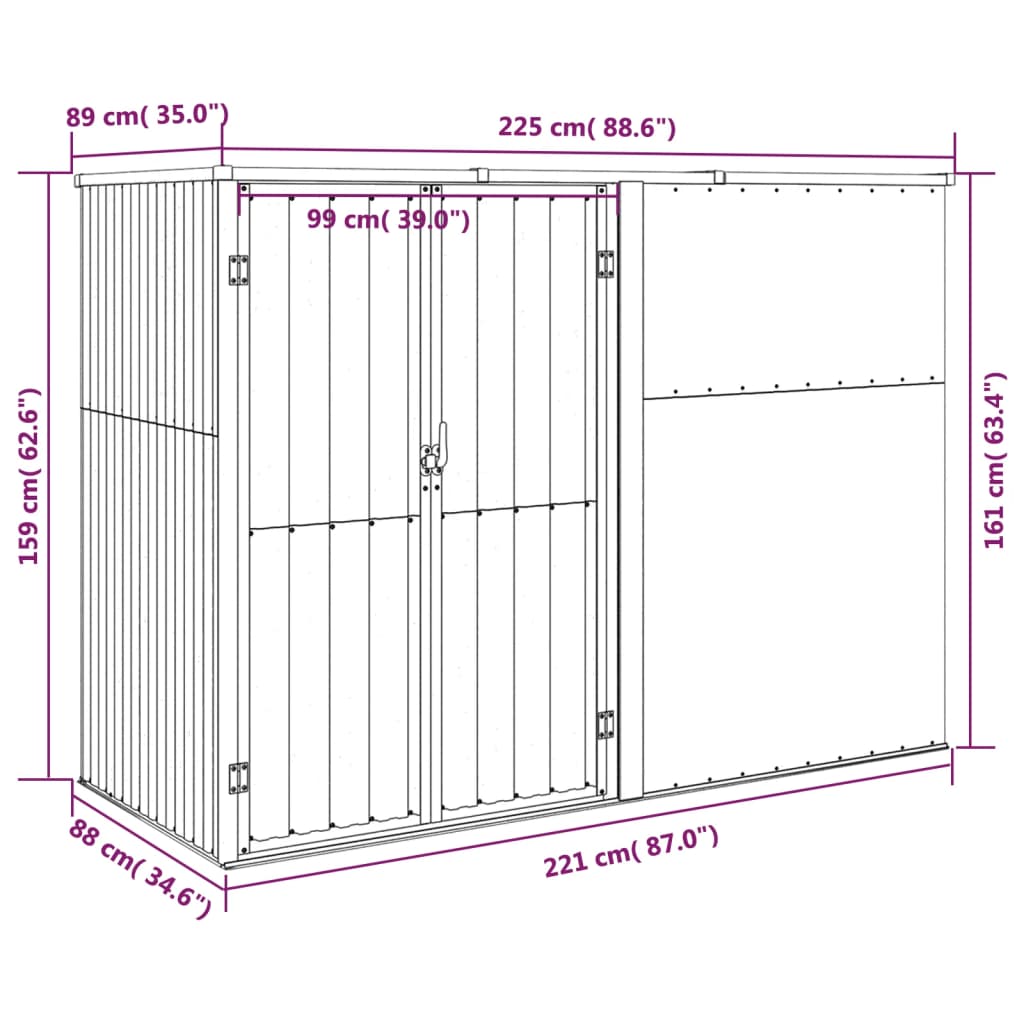 Garden Tool Shed Brown 225x89x161 cm Galvanised Steel