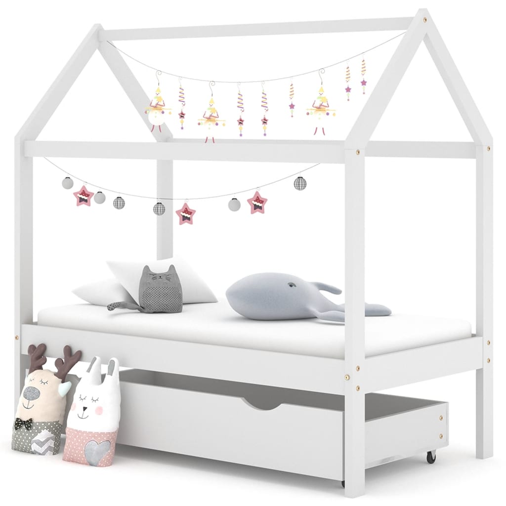 Kids Bed Frame with a Drawer White Solid Pine Wood 70x140 cm