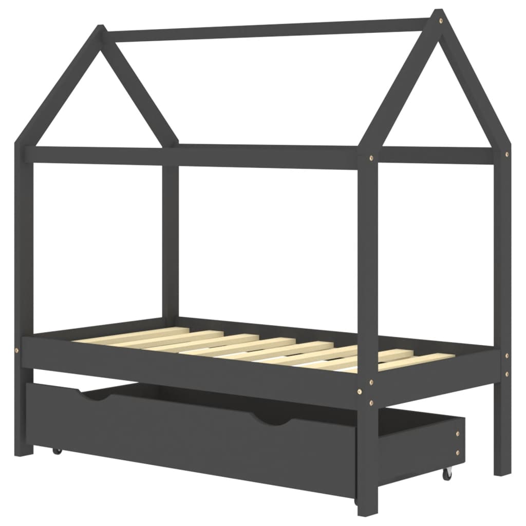 Kids Bed Frame with a Drawer Dark Grey Solid Pine Wood 70x140cm