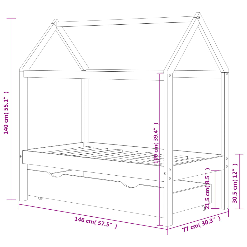 Kids Bed Frame with a Drawer Dark Grey Solid Pine Wood 70x140cm