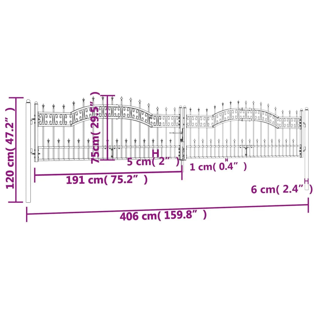 Fence Gate with Spear Top Black 406x120 cm Powder-coated Steel