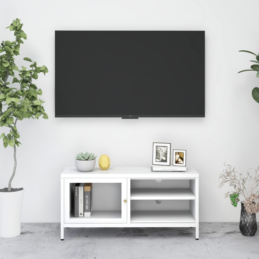 TV Cabinet White 90x30x44 cm Steel and Glass