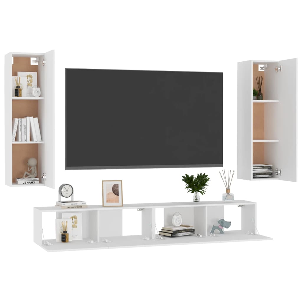 4 Piece TV Cabinet Set White Engineered Wood