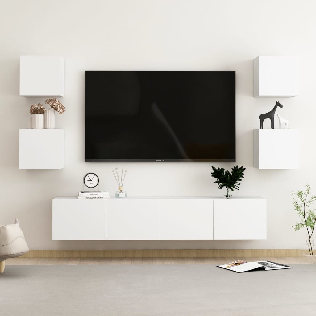 6 Piece TV Cabinet Set White Engineered Wood