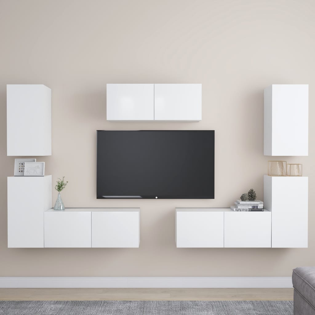 7 Piece TV Cabinet Set White Engineered Wood