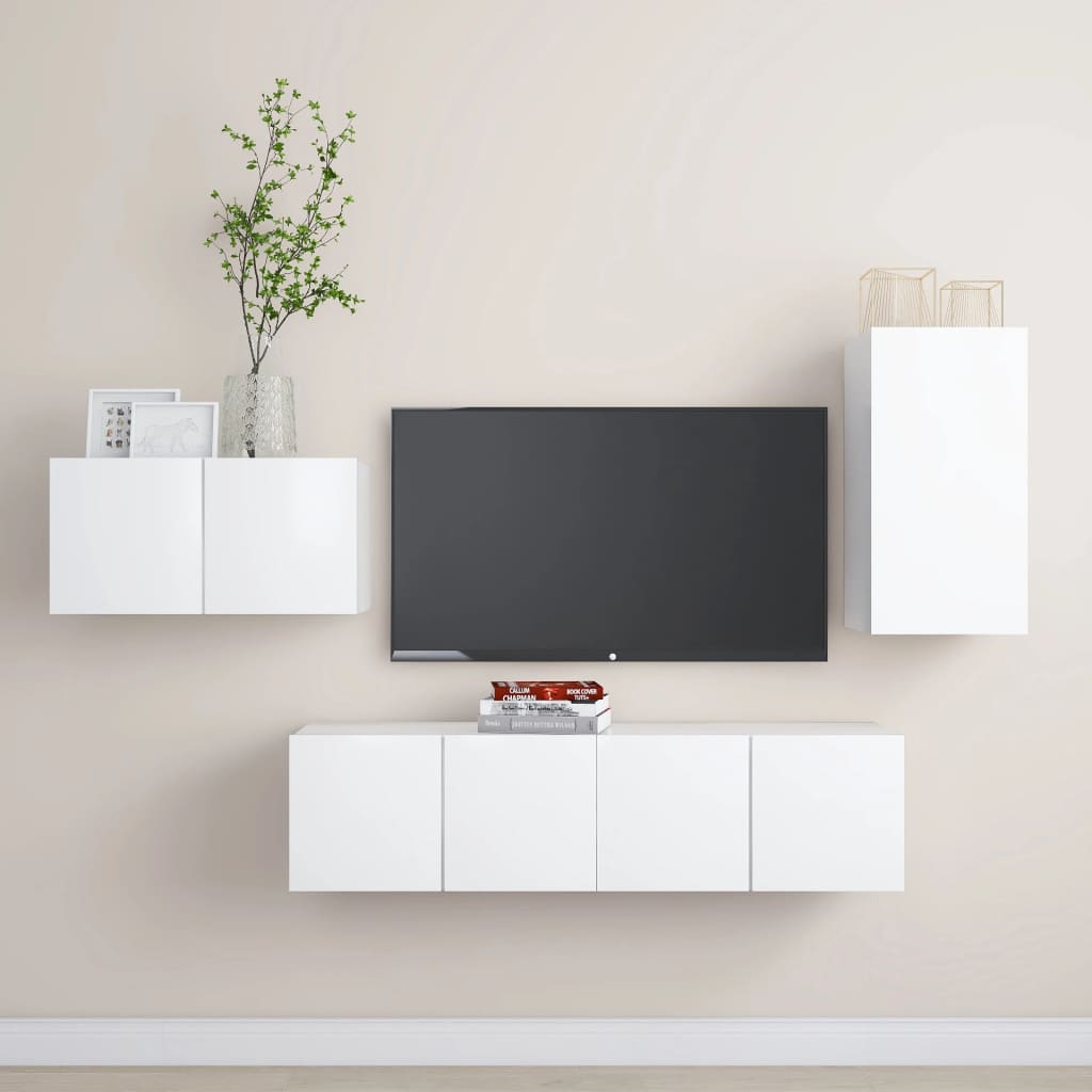 4 Piece TV Cabinet Set White Engineered Wood