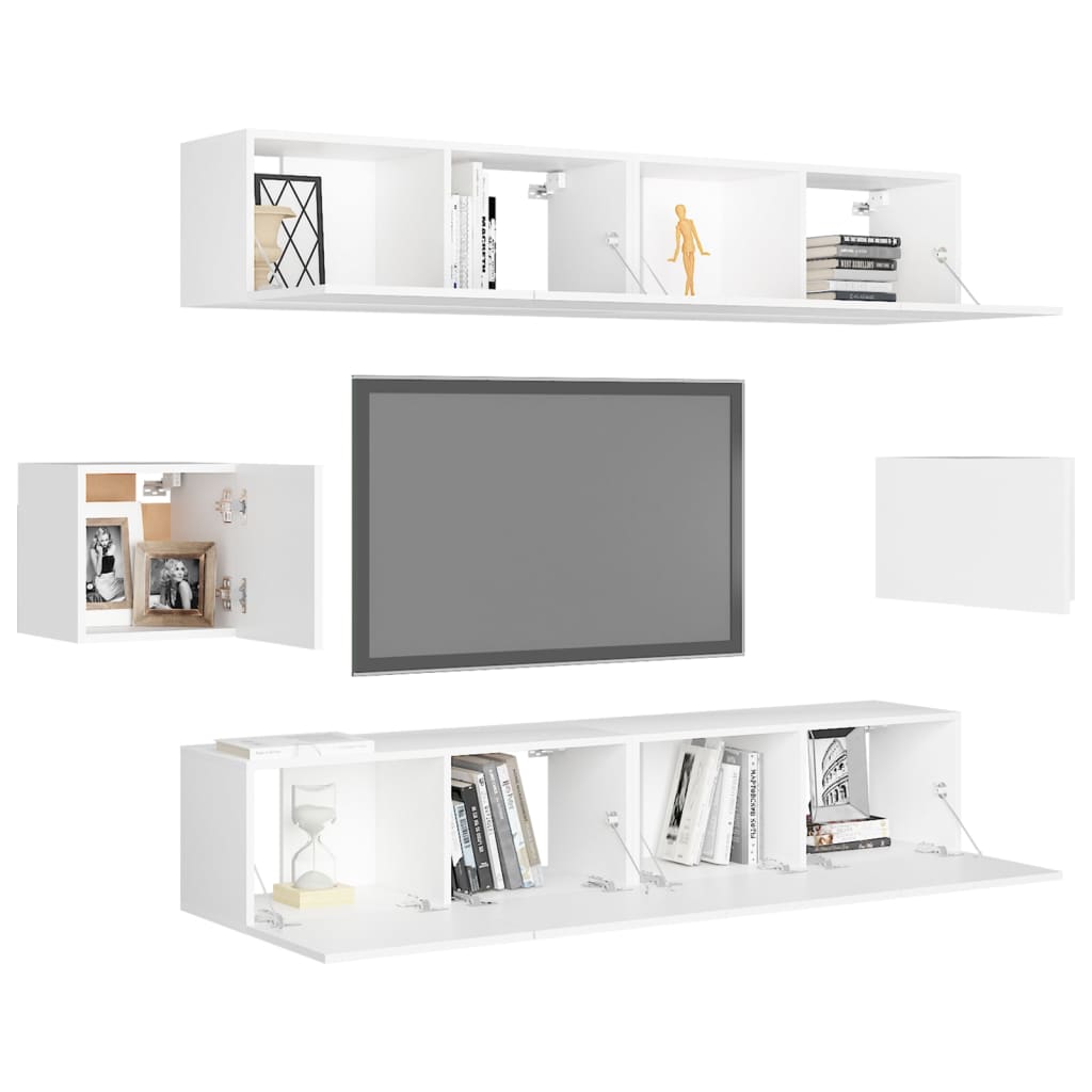 6 Piece TV Cabinet Set White Engineered Wood