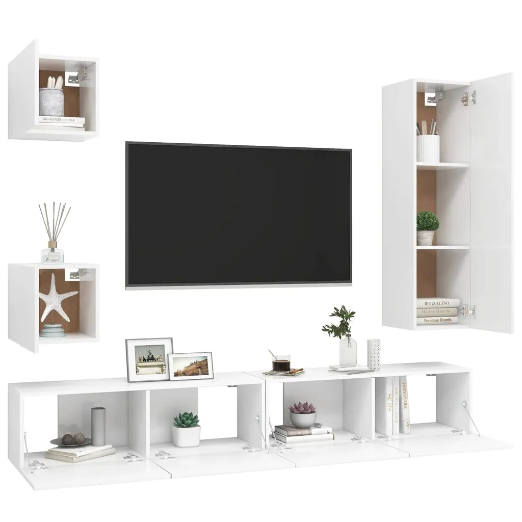 5 Piece TV Cabinet Set White Engineered Wood