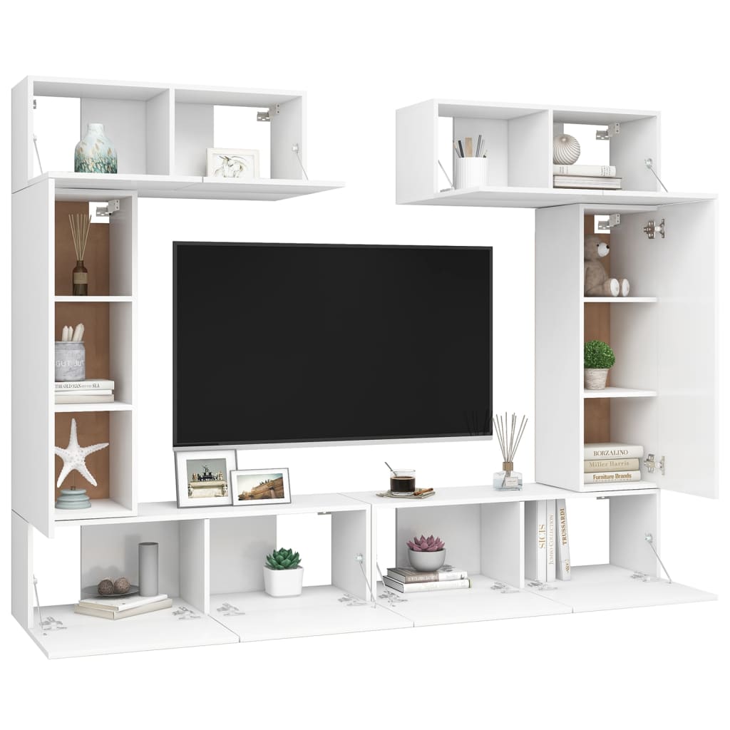 6 Piece TV Cabinet Set White Engineered Wood