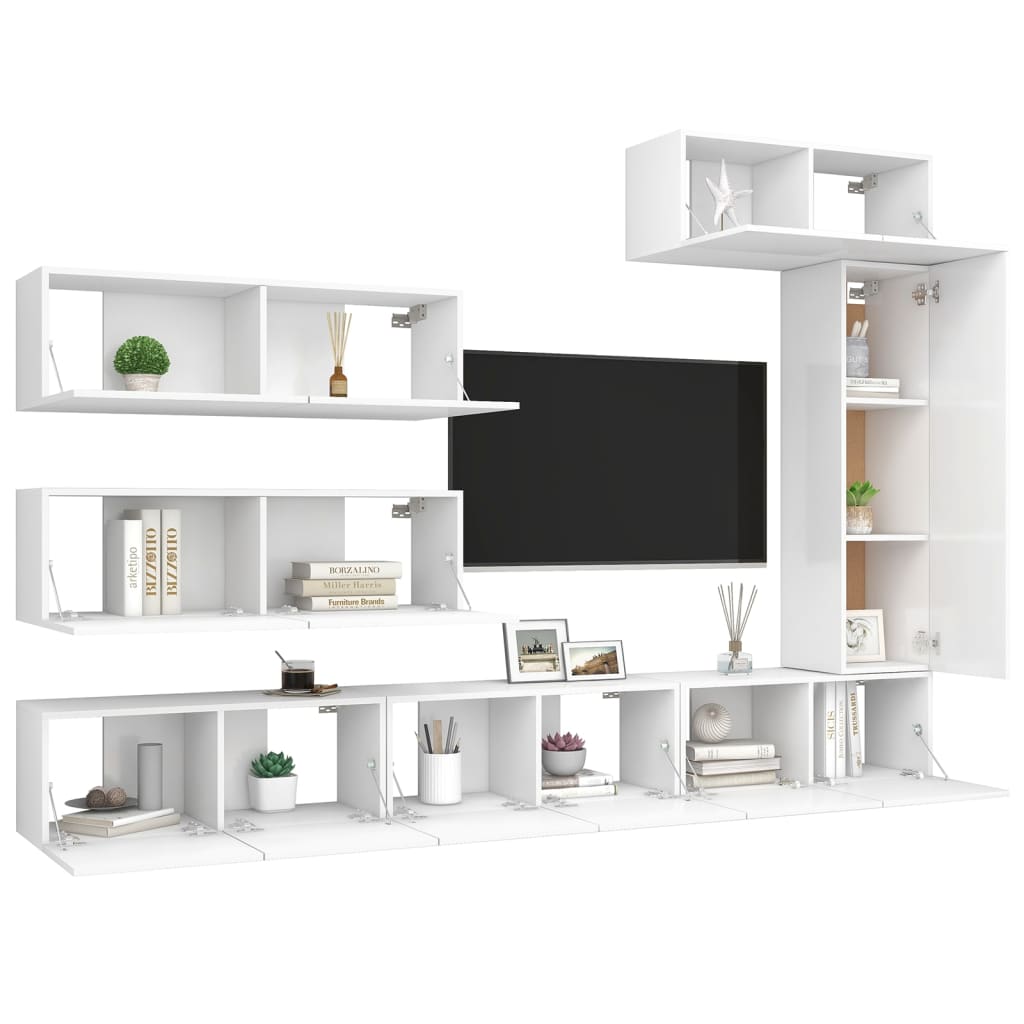 7 Piece TV Cabinet Set White Engineered Wood