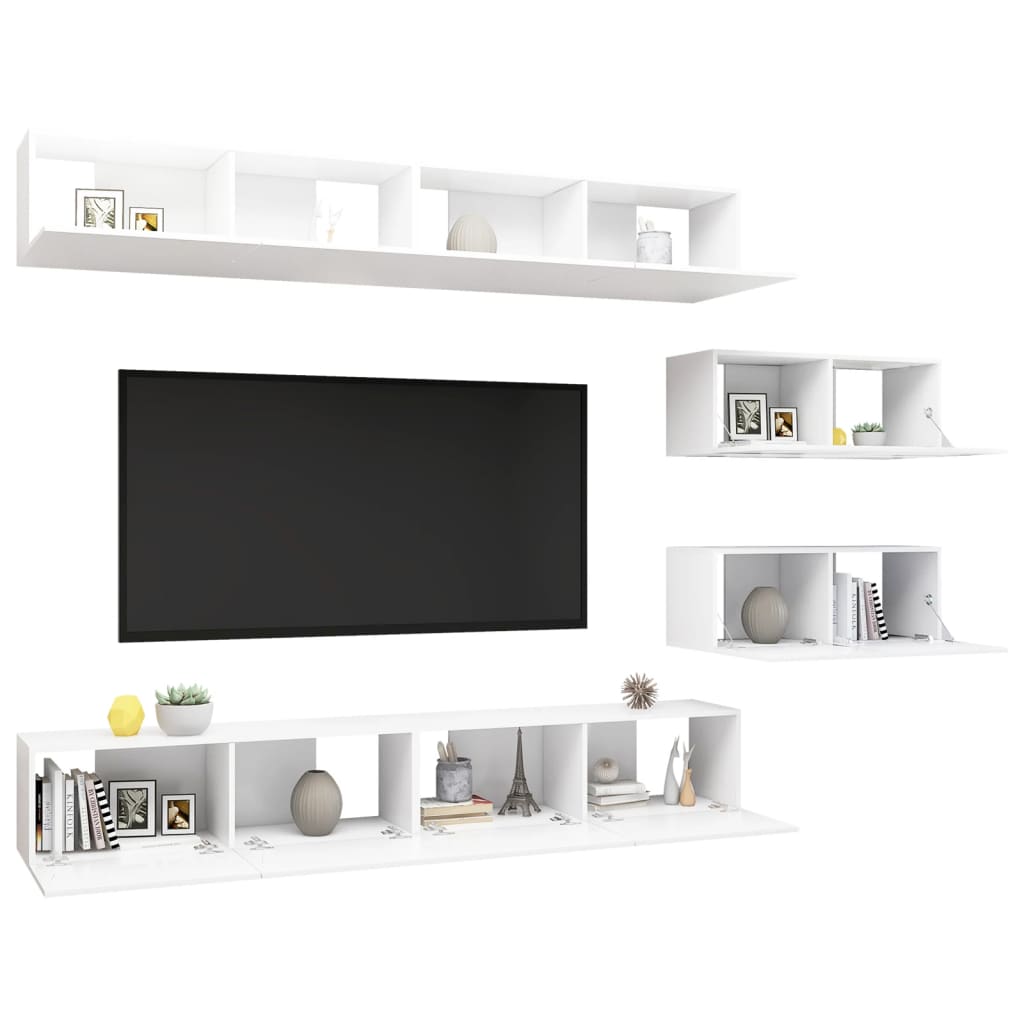 6 Piece TV Cabinet Set White Engineered Wood