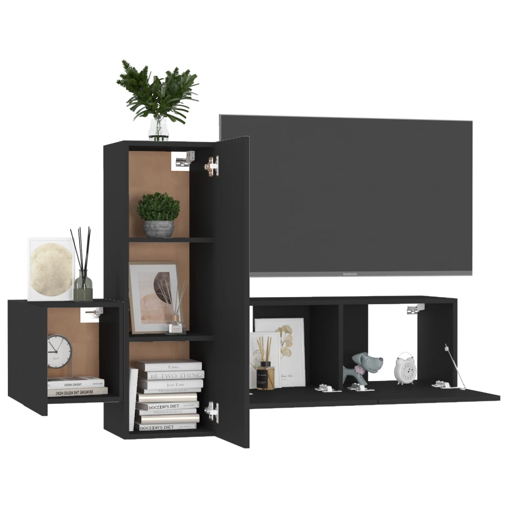 3 Piece TV Cabinet Set Black Engineered Wood