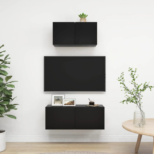 2 Piece TV Cabinet Set Black Engineered Wood