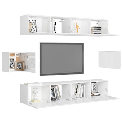 6 Piece TV Cabinet Set High Gloss White Engineered Wood