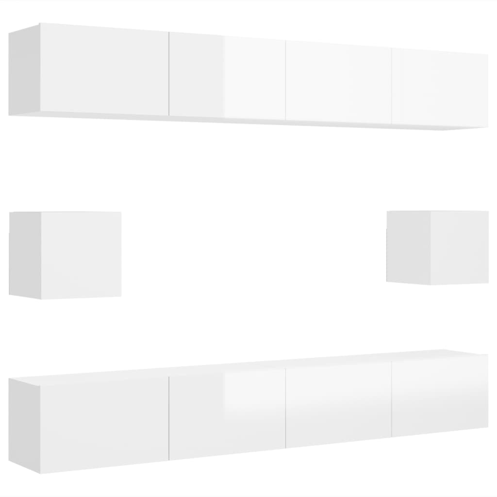 6 Piece TV Cabinet Set High Gloss White Engineered Wood